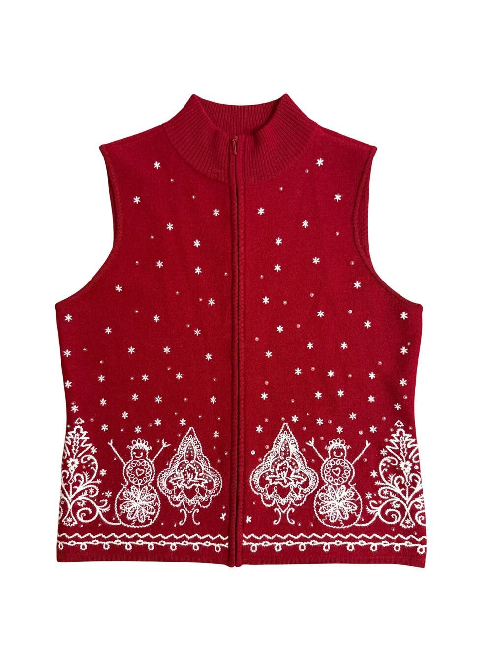 VTG Talbots Christmas Vest 100% Merino Wool Embroidered Snowman Zip Women Small